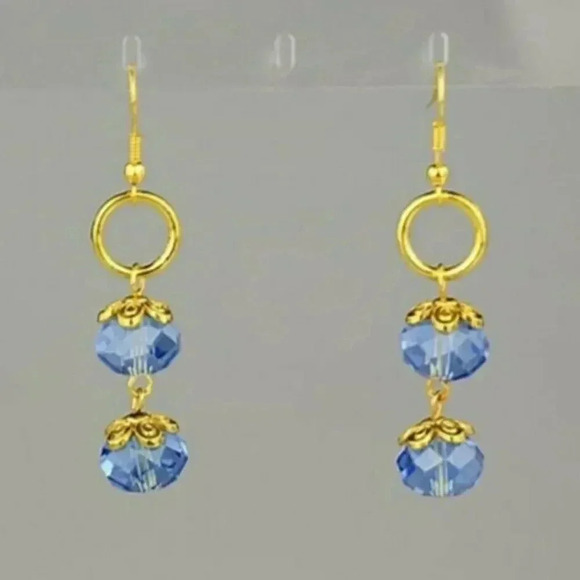 Handcrafted Edgy Faceted Blue Crystal Rondelles Gold Plated Dangle Earrings - Picture 1 of 1